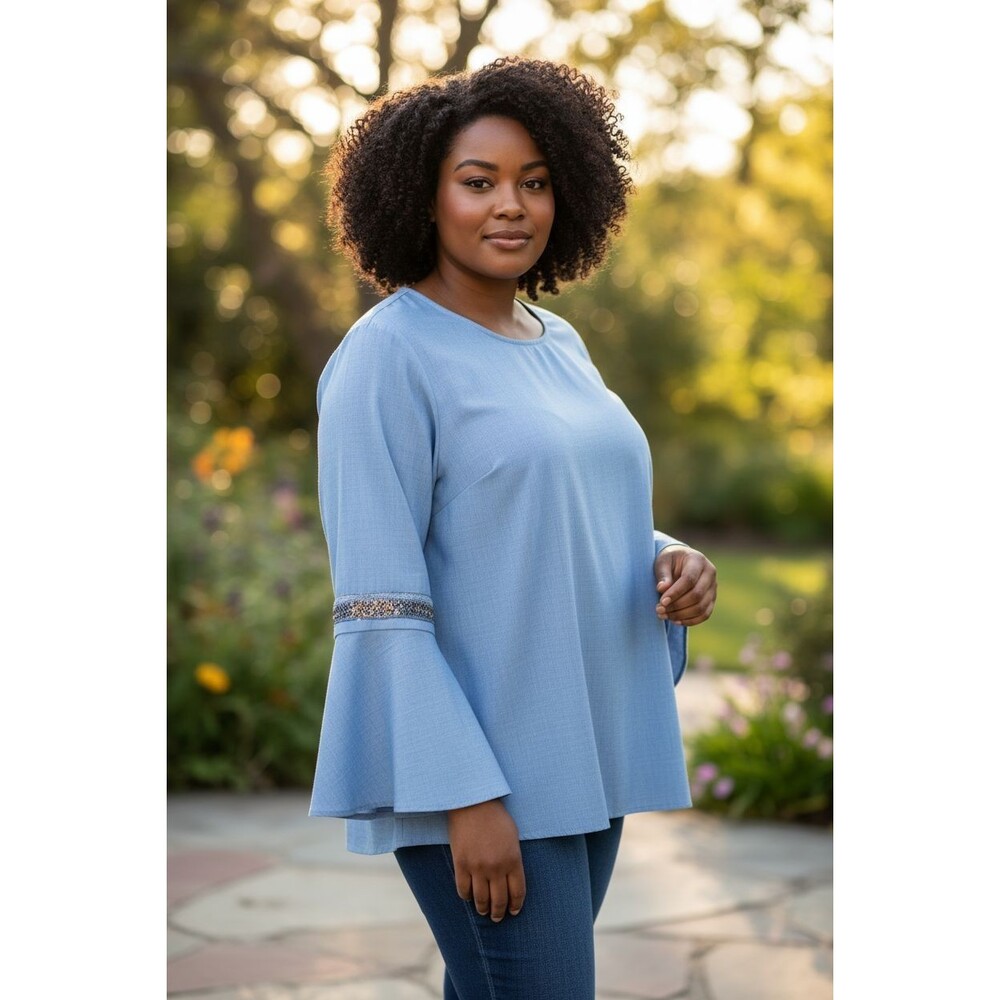 Womens Jane and Delancey Denim Blue V Neck Beaded Bell Sleeve Top BOHO Plus 1X